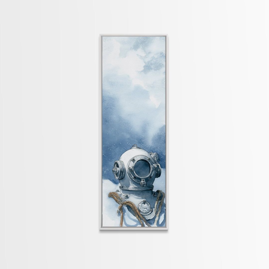 Deep Sea Diver Helmet Still Life Framed Canvas Print, Nautical Art, Ocean Art, Coastal Decor, Oil Painting, Harbor, NAU-1x3-54
