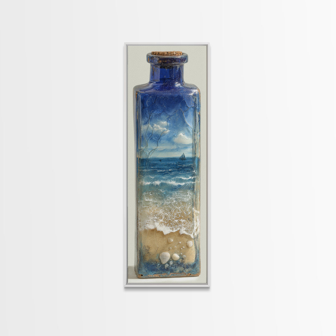 Bottle with Tiny Ship and Ocean Inside Framed Canvas Print, Nautical Art, Coastal Decor, Fine Art, Harbor, Fine Art Print, NAU-1x3-76