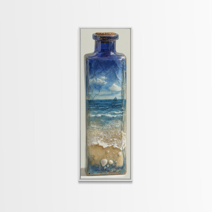 Bottle with Tiny Ship and Ocean Inside Framed Canvas Print, Nautical Art, Coastal Decor, Fine Art, Harbor, Fine Art Print, NAU-1x3-76