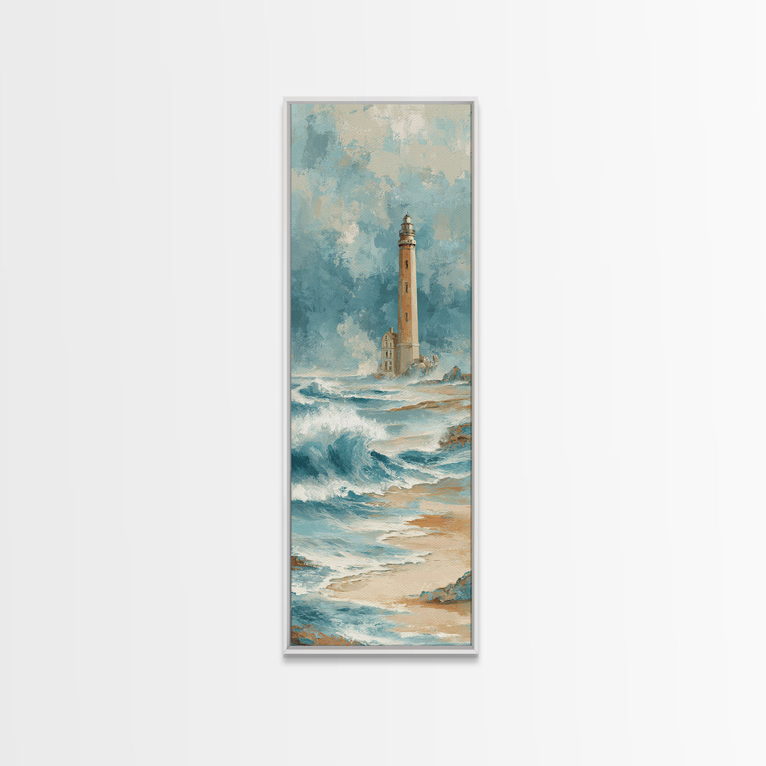 Lighthouse Standing Against Stormy Waves Framed Canvas Print, Nautical Art, Statement Artwork, Coastal Decor, Fine Art, Harbor, NAU-1x3-87