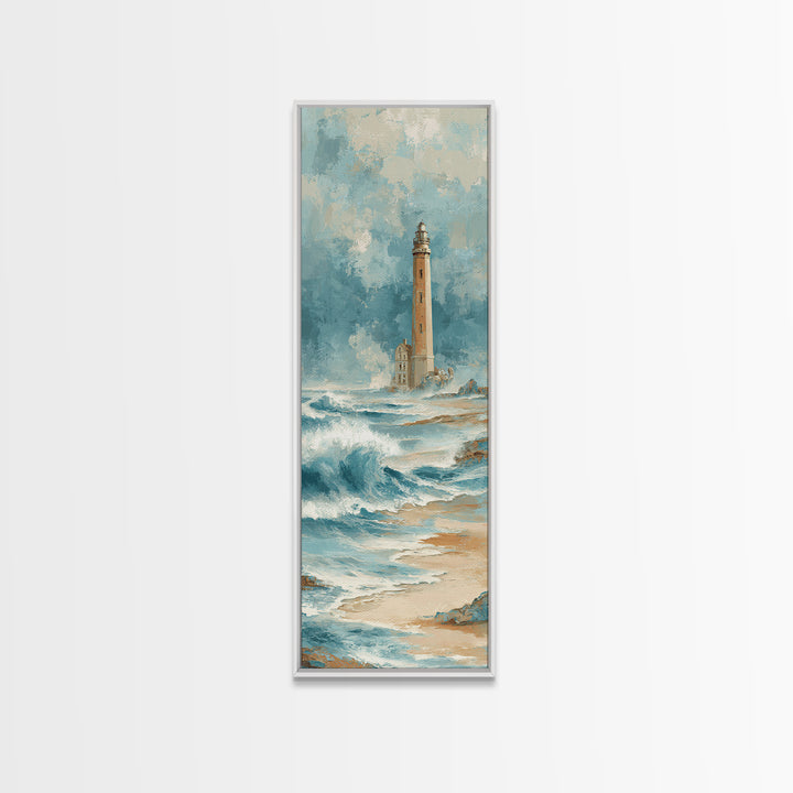 Lighthouse Standing Against Stormy Waves Framed Canvas Print, Nautical Art, Statement Artwork, Coastal Decor, Fine Art, Harbor, NAU-1x3-87