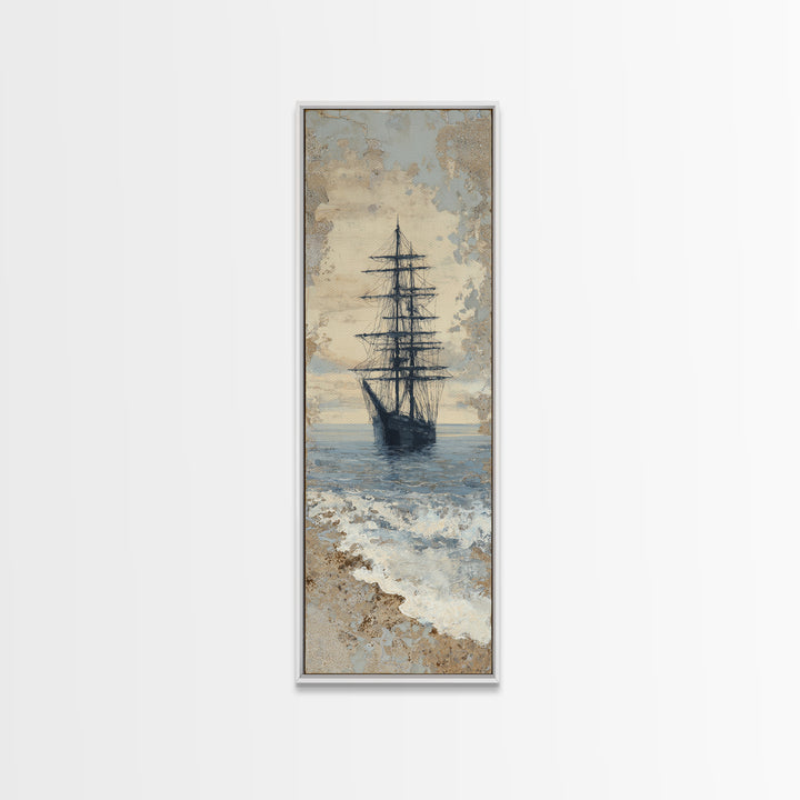 Tall Ship Silhouette at Sunset Framed Canvas Print, Nautical Art, Beach Print, Coastal Decor, Fine Art, Harbor, Luxury Decor, NAU-1x3-92