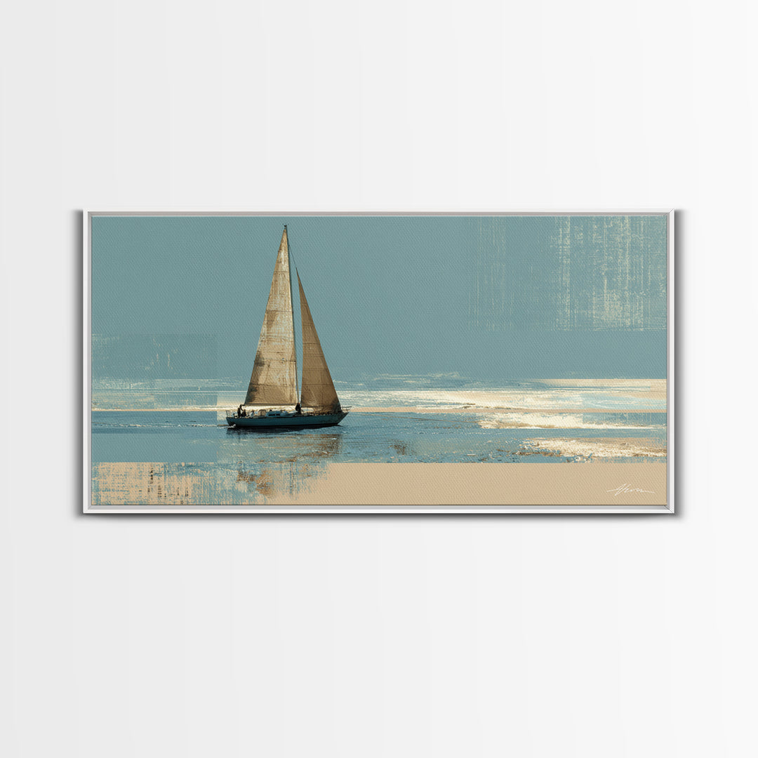 Blueprint Sailboat Technical Drawing Framed Canvas Print, Nautical Art, Statement Artwork, Coastal Decor, Fine Art, Harbor, NAU-2x1-20
