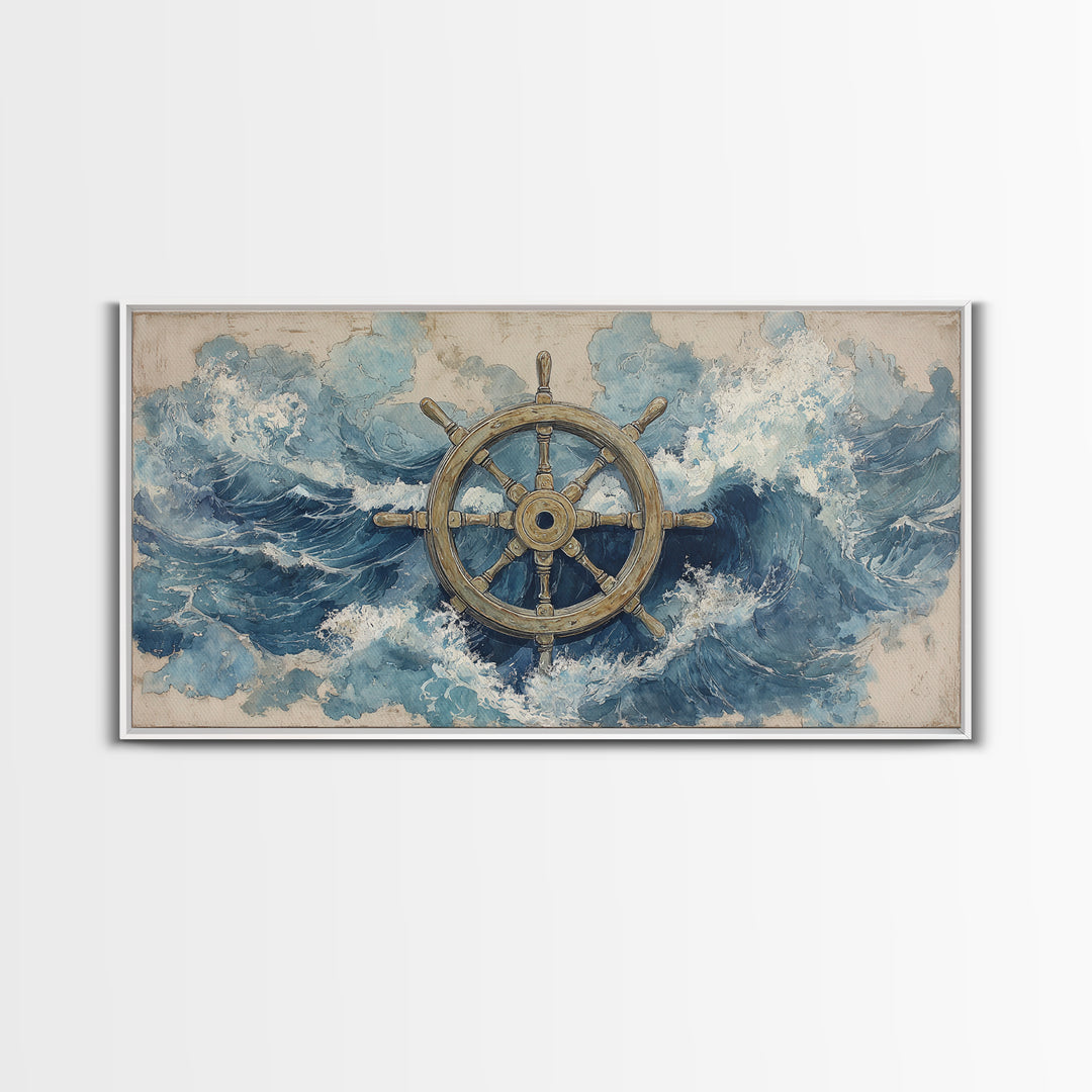 Ship Wheel with Sea Spray Background Framed Canvas Print, Nautical Art, Wall Art, Coastal Decor, Oil Painting, Harbor, NAU-2x1-35