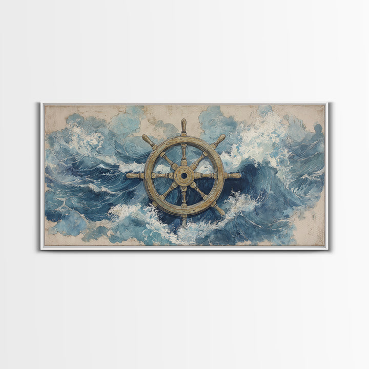 Ship Wheel with Sea Spray Background Framed Canvas Print, Nautical Art, Wall Art, Coastal Decor, Oil Painting, Harbor, NAU-2x1-35