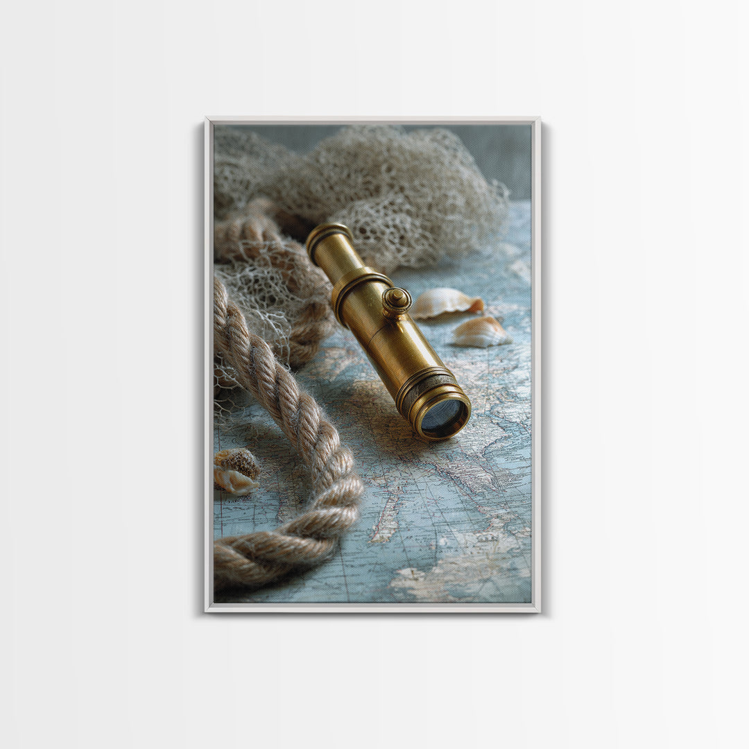 Brass Telescope and Old Map Still Life Canvas Print, Nautical Art, Wall Art, Coastal Decor, Oil Painting, Harbor, Digital Print, NAU-2x3-14