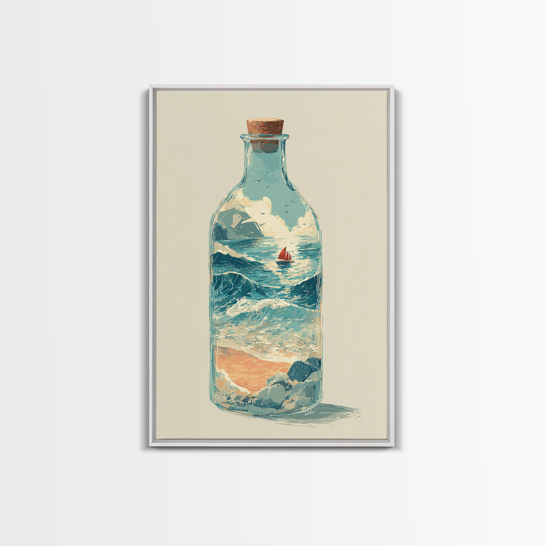 Bottle with Tiny Ship and Ocean Inside Framed Canvas Print, Nautical Art, Modern Decor, Coastal Decor, Fine Art, Harbor, NAU-2x3-24