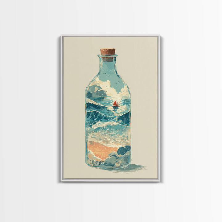 Bottle with Tiny Ship and Ocean Inside Framed Canvas Print, Nautical Art, Modern Decor, Coastal Decor, Fine Art, Harbor, NAU-2x3-24
