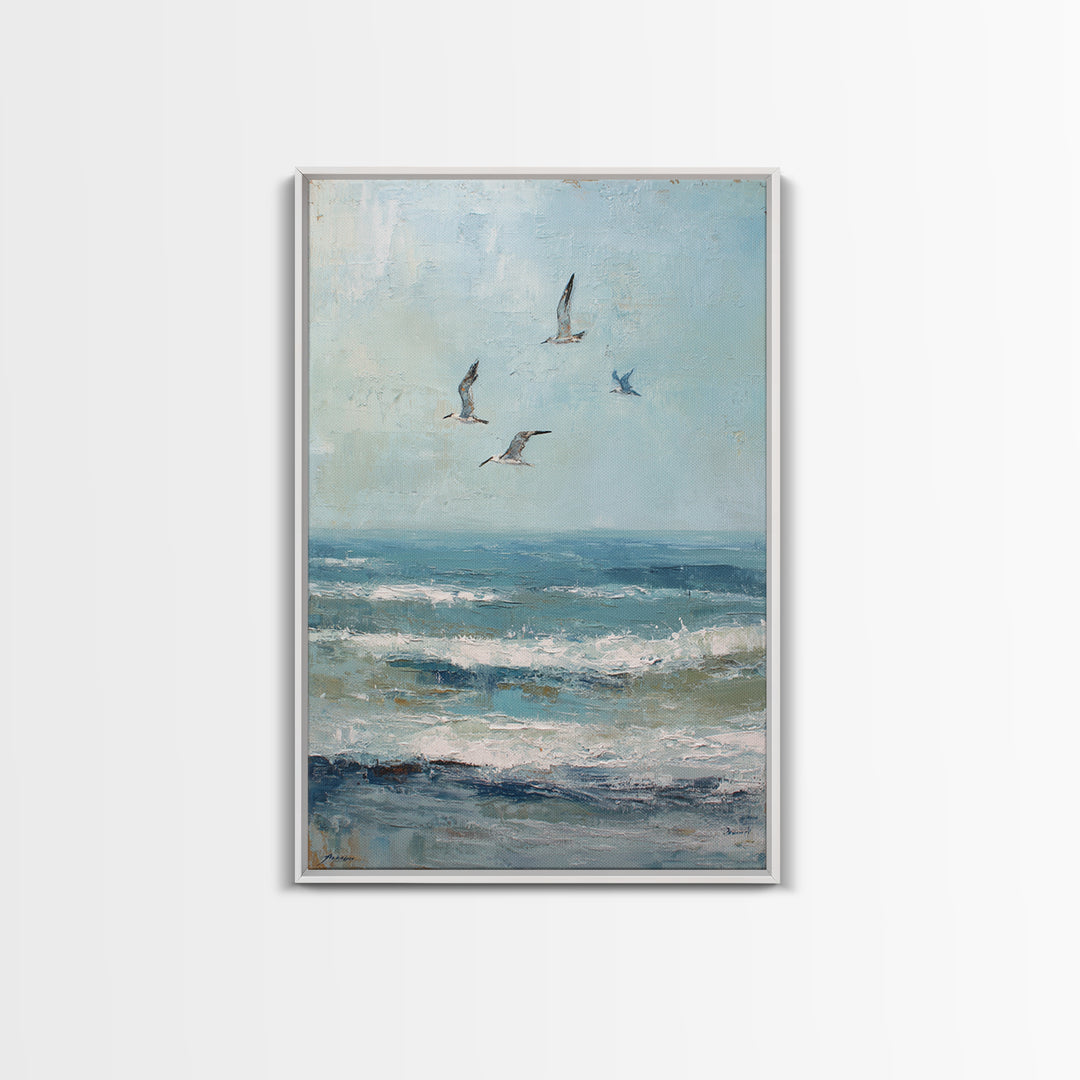 Coastal Gulls Flying Framed Canvas Print, Nautical Art, Coastal Wall Art, Coastal Decor, Fine Art, Harbor, Neutral Decor, NAU-2x3-97