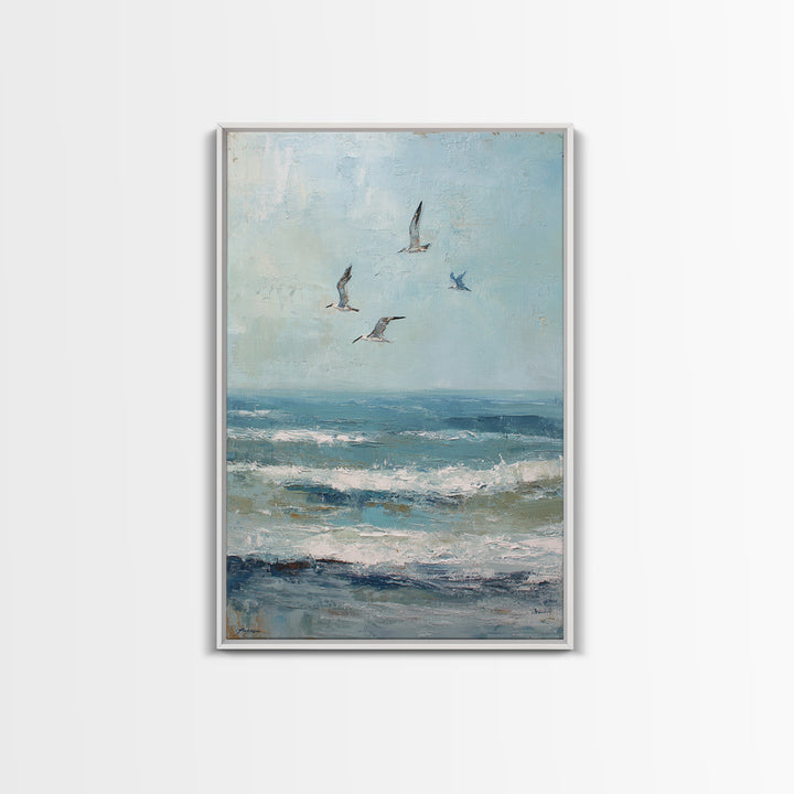 Coastal Gulls Flying Framed Canvas Print, Nautical Art, Coastal Wall Art, Coastal Decor, Fine Art, Harbor, Neutral Decor, NAU-2x3-97