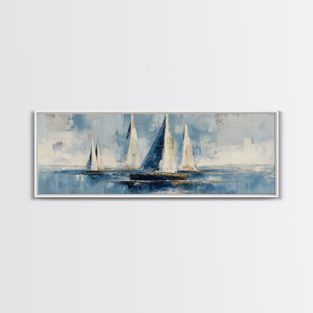 Sailboat Leaning into Wind on Blue Water Framed Canvas Print, Nautical Art, Coastal Art, Coastal Decor, Fine Art, Harbor, NAU-3x1-17