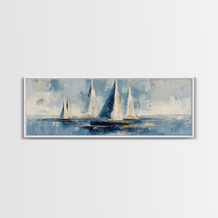 Sailboat Leaning into Wind on Blue Water Framed Canvas Print, Nautical Art, Coastal Art, Coastal Decor, Fine Art, Harbor, NAU-3x1-17