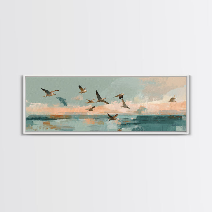 Coastal Gulls Flying Canvas Print, Nautical Art, Beach Decor, Coastal Decor, Fine Art, Harbor, Statement Artwork, Boho Decor, NAU-3x1-33