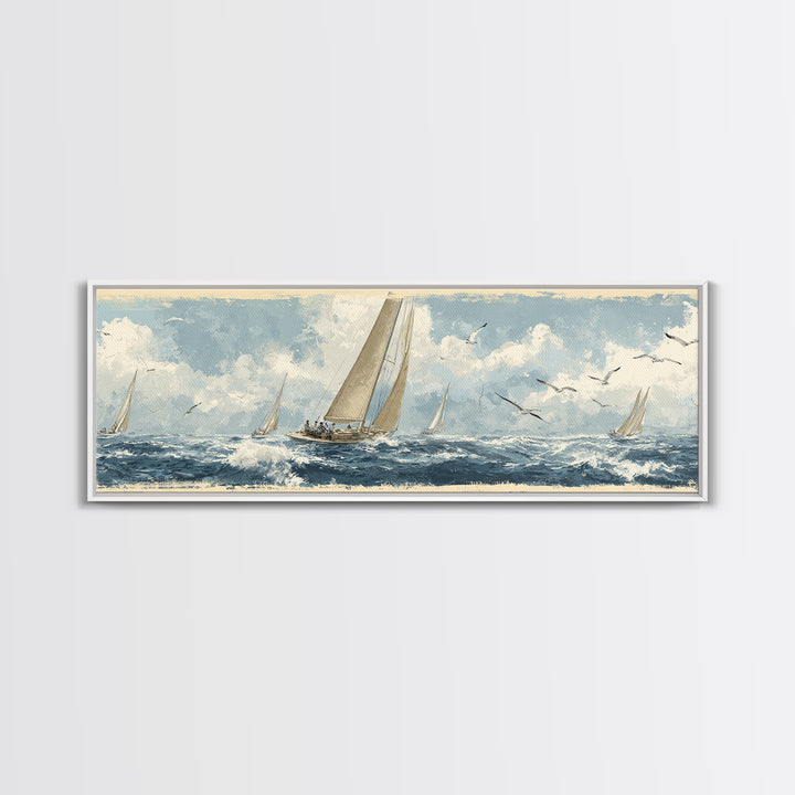 Classic Yacht Racing Through Whitecaps Canvas Print, Nautical Art, Minimalist Decor, Coastal Decor, Fine Art, Harbor, NAU-3x1-35