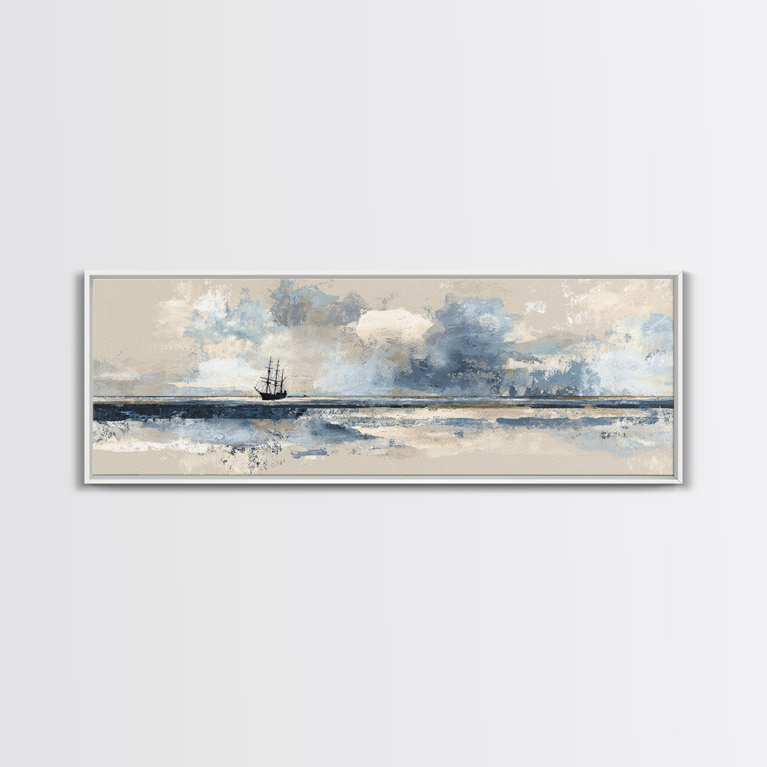 Tall Ship Silhouette at Sunset Canvas Print, Nautical Art, Textured Painting, Coastal Decor, Fine Art, Harbor, NAU-3x1-48