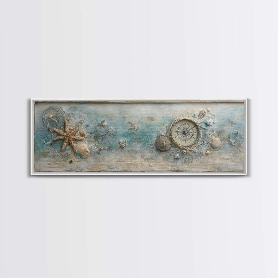 Antique Compass with Rope and Shells Canvas Print, Nautical Art, Coastal Wall Art, Coastal Decor, Harbor, Neutral Decor, NAU-3x1-66