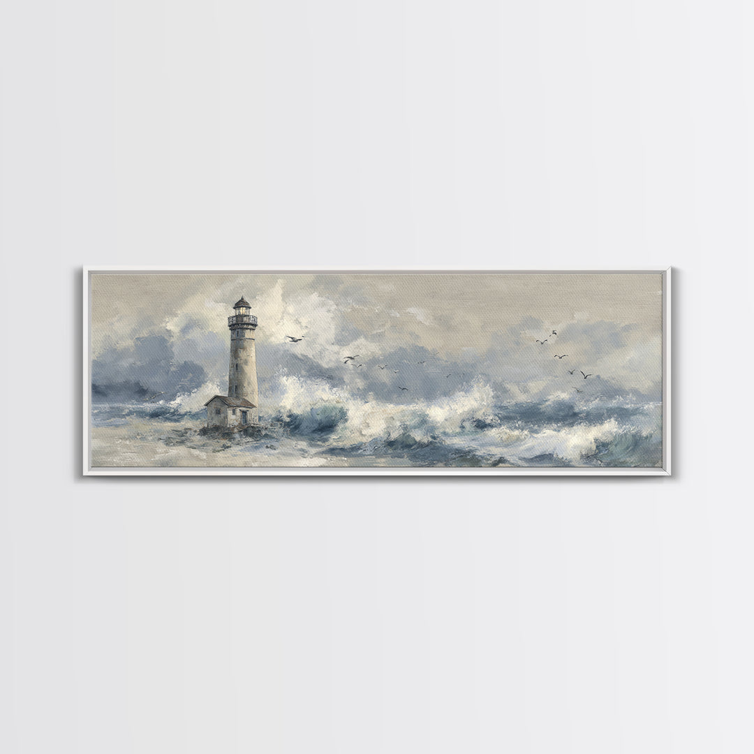 Lighthouse Standing Against Stormy Waves Framed Canvas Print, Nautical Art, Large Wall Art, Coastal Decor, Abstract Art, Harbor, NAU-3x1-67