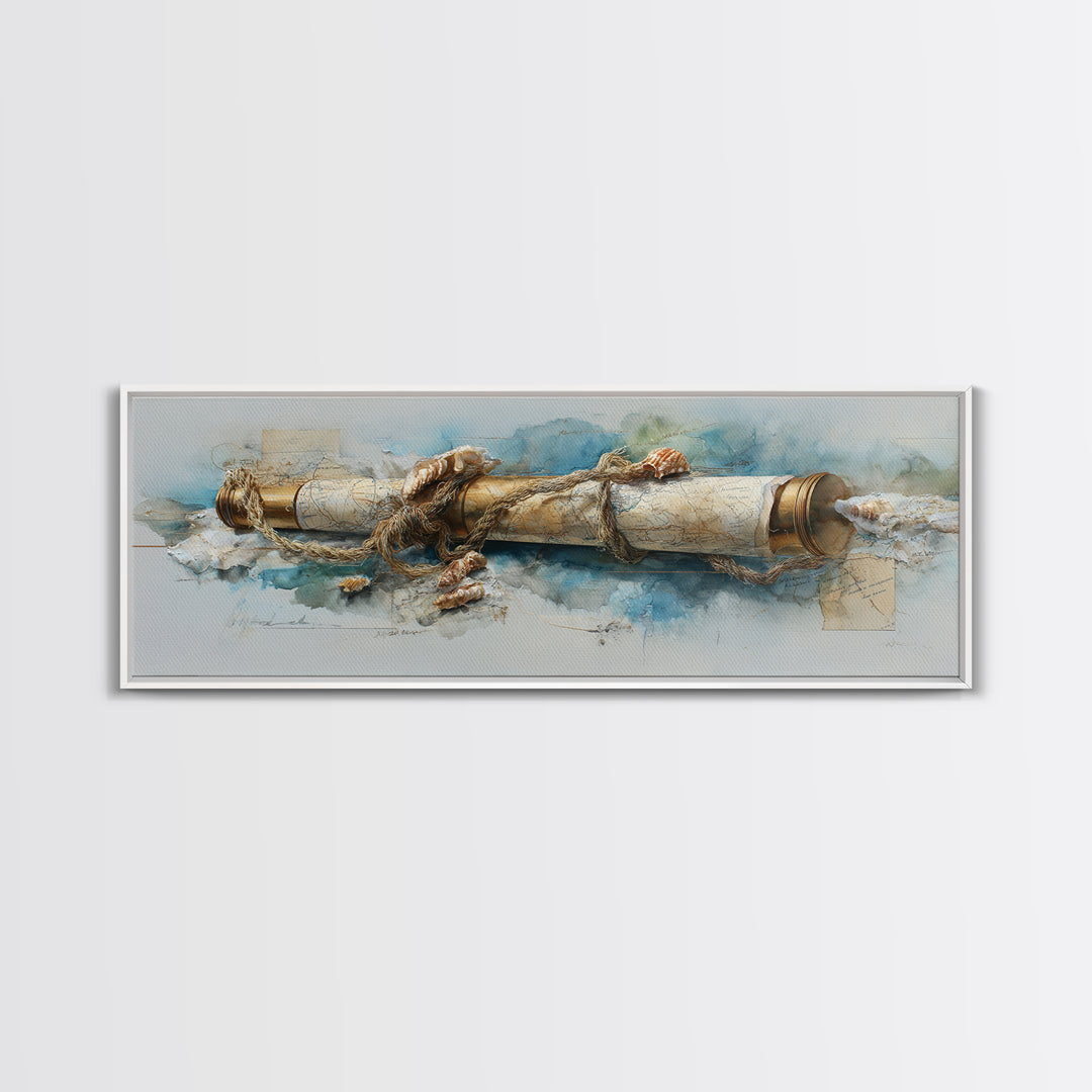 Brass Telescope and Old Map Still Life Canvas Print, Nautical Art, Wall Art, Coastal Decor, Oil Painting, Harbor, Digital Print, NAU-3x1-70
