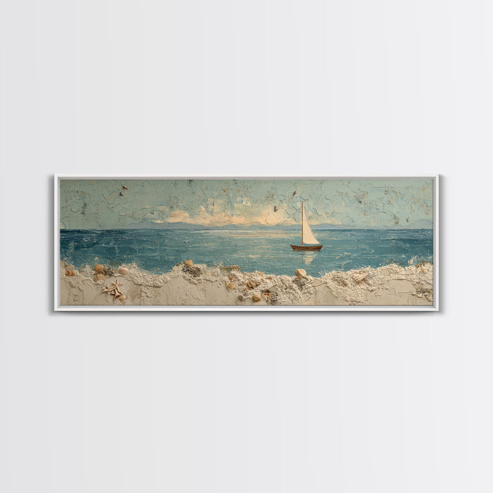 Whale Tail Beside Small Sailboat Framed Canvas Print, Nautical Art, Coastal Decor, Oil Painting, Harbor, Fine Art Print, NAU-3x1-74