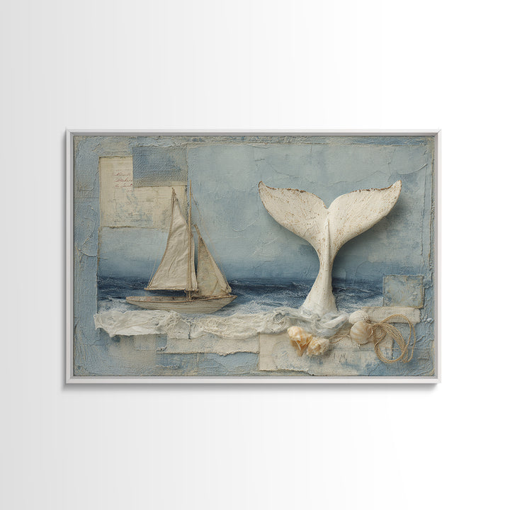 Whale Tail Beside Small Sailboat Framed Canvas Print, Nautical Art, Digital Print, Coastal Decor, Fine Art, Harbor, Beach Print, NAU-3x2-14