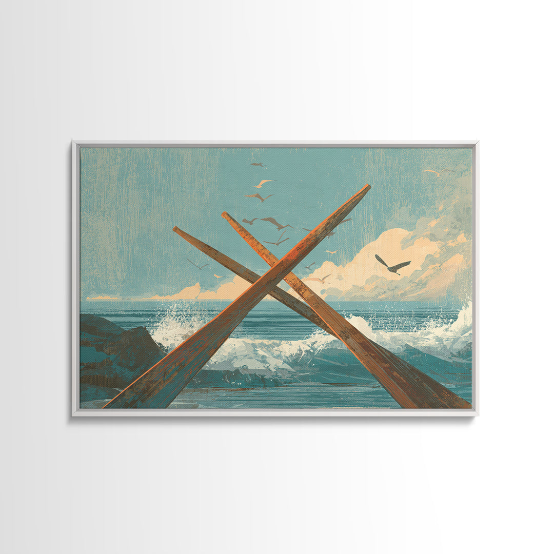 Weathered Oars Crossed Framed Canvas Print, Nautical Art, Coastal Wall Art, Coastal Decor, Fine Art, Harbor, Neutral Decor, NAU-3x2-15