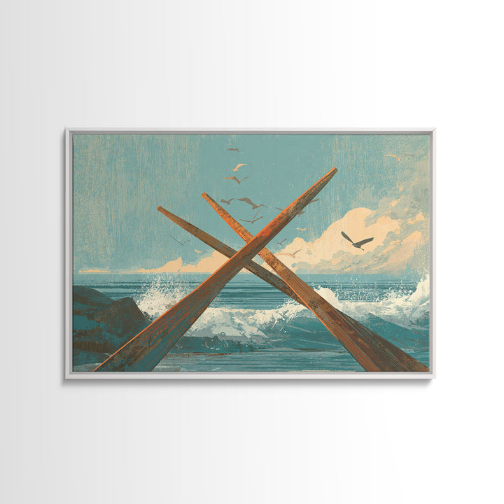Weathered Oars Crossed Framed Canvas Print, Nautical Art, Coastal Wall Art, Coastal Decor, Fine Art, Harbor, Neutral Decor, NAU-3x2-15