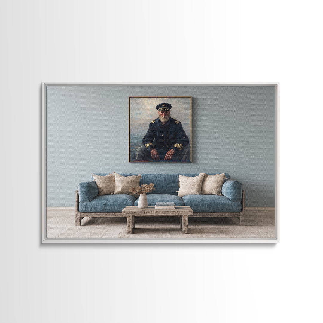 Sea Captain Portrait Framed Canvas Print, Nautical Art, Room Decor, Coastal Decor, Oil Painting, Harbor, Printable, NAU-3x2-35