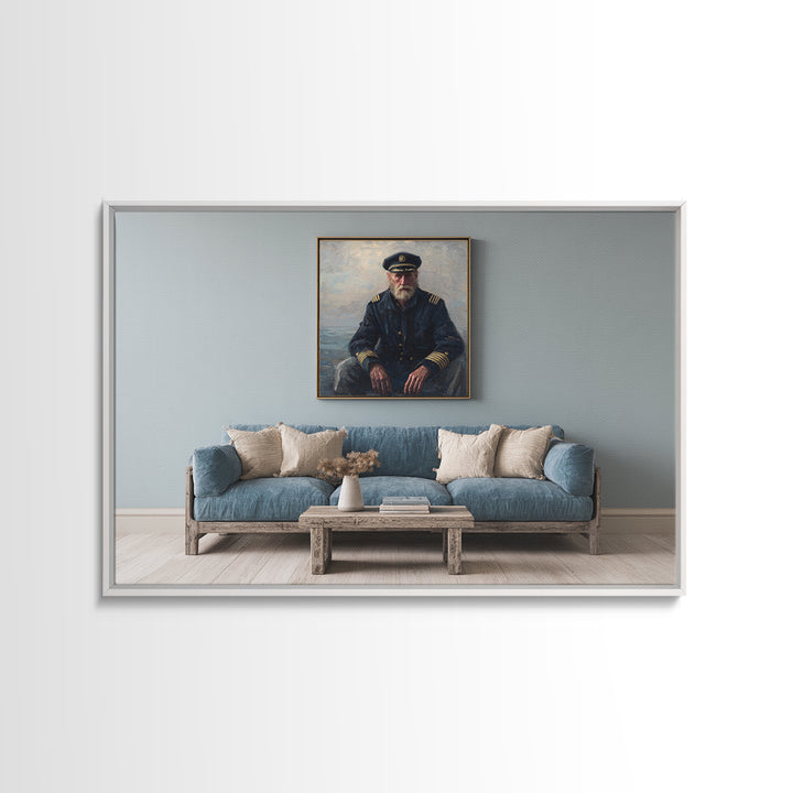 Sea Captain Portrait Framed Canvas Print, Nautical Art, Room Decor, Coastal Decor, Oil Painting, Harbor, Printable, NAU-3x2-35