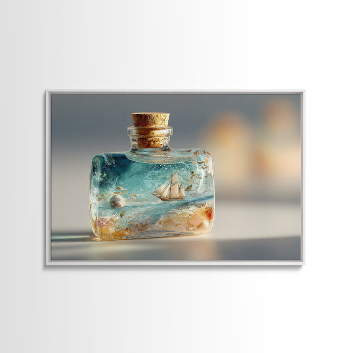 Bottle with Tiny Ship and Ocean Inside Canvas Print, Nautical Art, Minimalist Decor, Coastal Decor, Oil Painting, Harbor, NAU-3x2-68