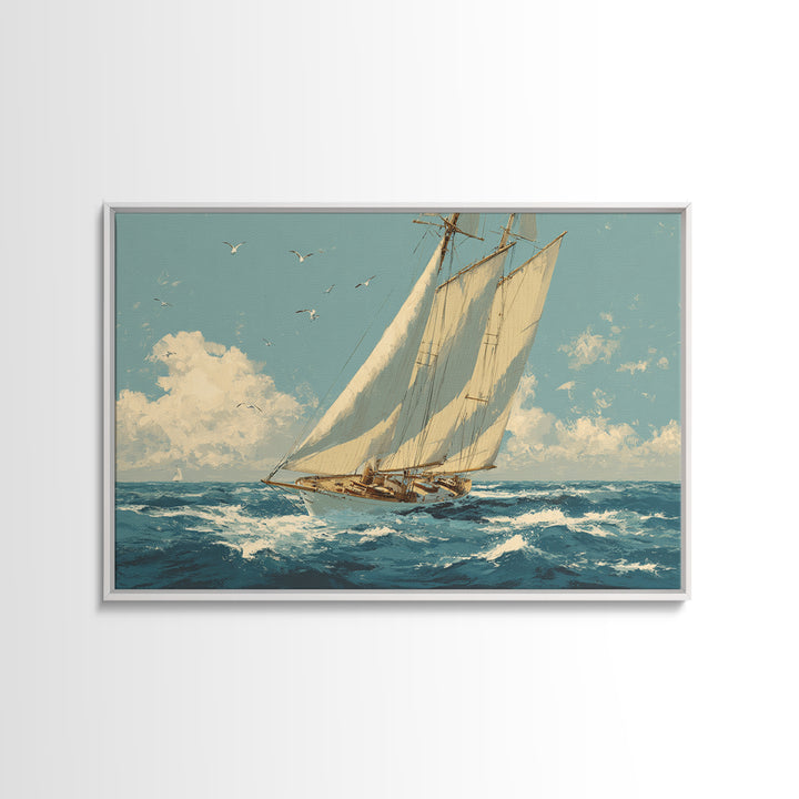 Classic Yacht Racing Through Whitecaps Framed Canvas Print, Nautical Art, Nautical Wall Art, Coastal Decor, Watercolor Art, NAU-3x2-71