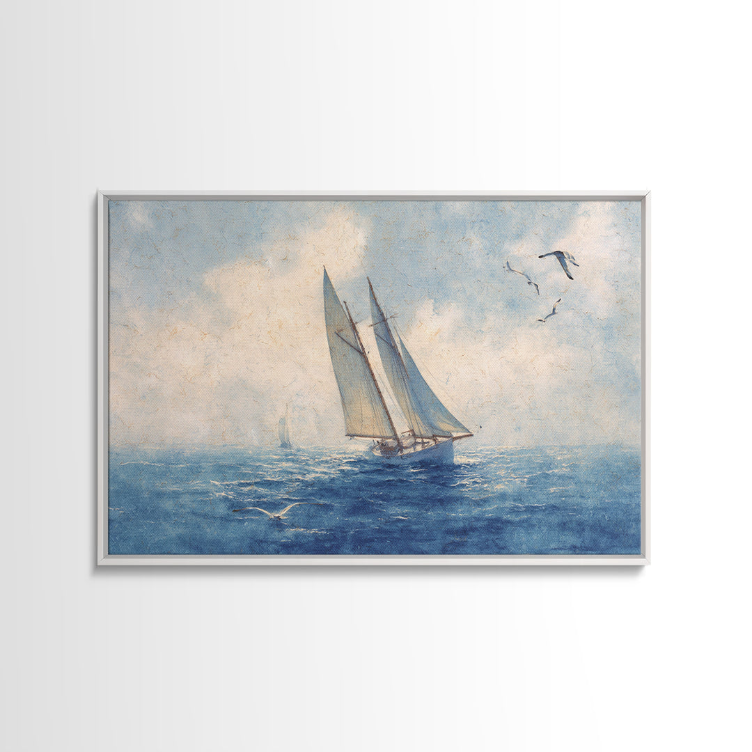 Sailboat Leaning into Wind on Blue Water Framed Canvas Print, Nautical Art, Room Decor, Coastal Decor, Fine Art, Harbor, NAU-3x2-77