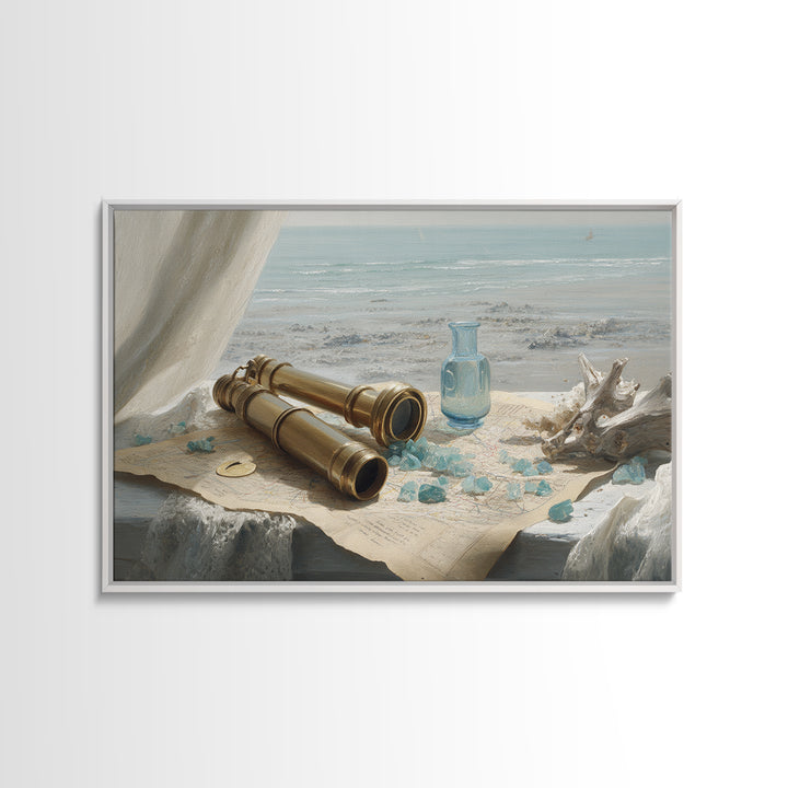 Brass Telescope and Old Map Still Life Framed Canvas Print, Nautical Art, Ocean Art, Coastal Decor, Oil Painting, Harbor, NAU-3x2-82