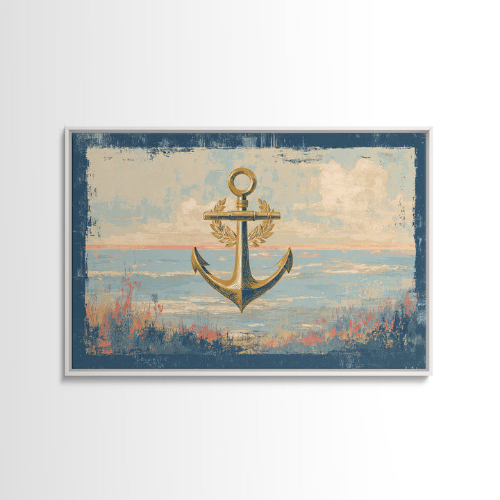 Anchor and Laurel Nautical Crest Without Text Framed Canvas Print, Nautical Art, Beach Decor, Coastal Decor, Fine Art, Harbor, NAU-3x2-9