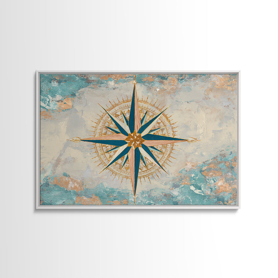 Nautical Star Compass Rose Framed Canvas Print, Nautical Art, Beach Print, Coastal Decor, Fine Art, Harbor, Luxury Decor, NAU-3x2-90