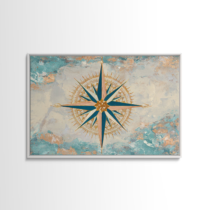 Nautical Star Compass Rose Framed Canvas Print, Nautical Art, Beach Print, Coastal Decor, Fine Art, Harbor, Luxury Decor, NAU-3x2-90
