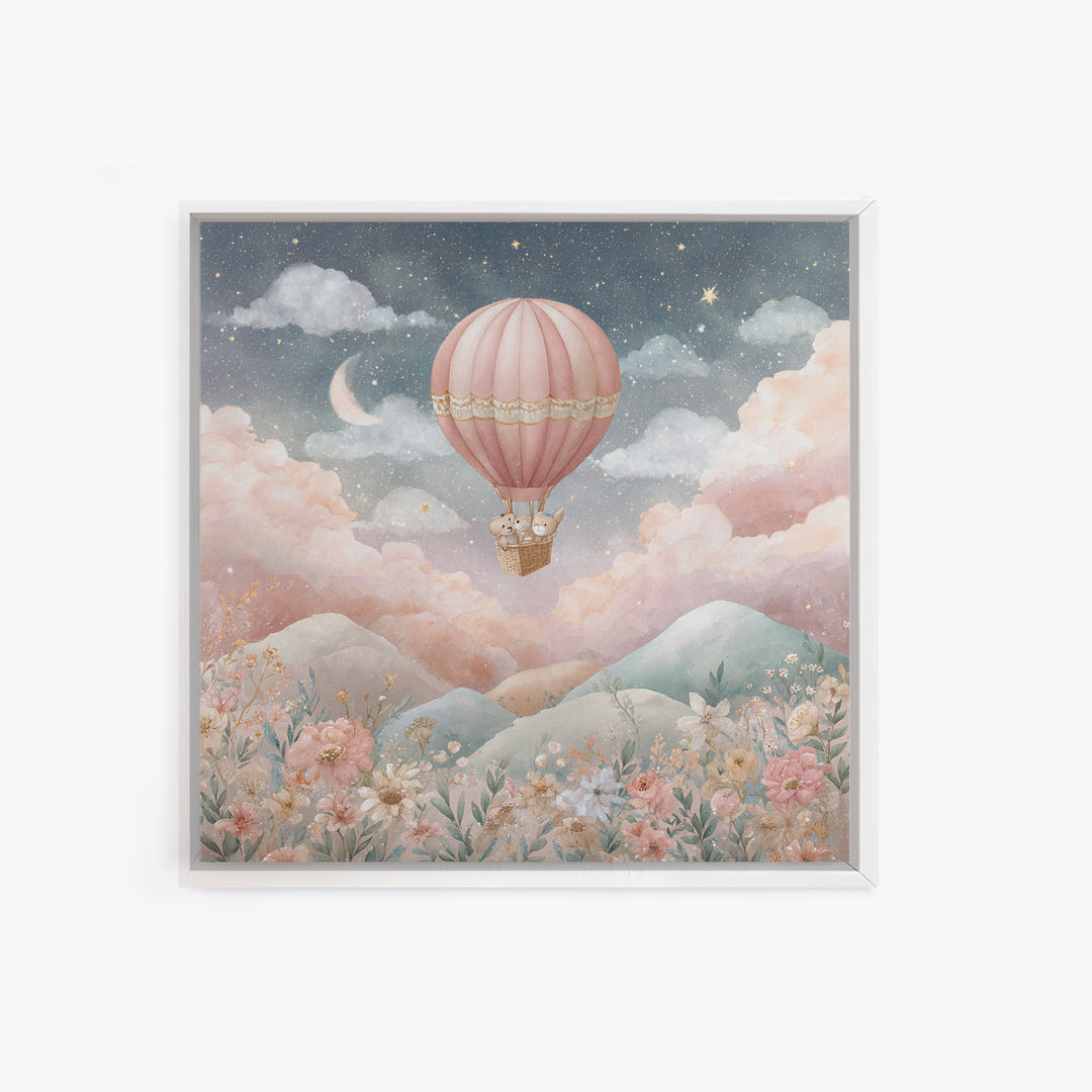 Hot Air Balloon Drifting Framed Canvas Print, Nursery Decor, Art Print, Nursery, Woodland Nursery Decor, Nursery Prints, NDE-1x1-12