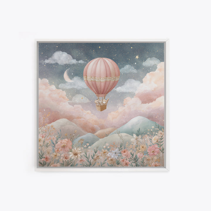 Hot Air Balloon Drifting Framed Canvas Print, Nursery Decor, Art Print, Nursery, Woodland Nursery Decor, Nursery Prints, NDE-1x1-12