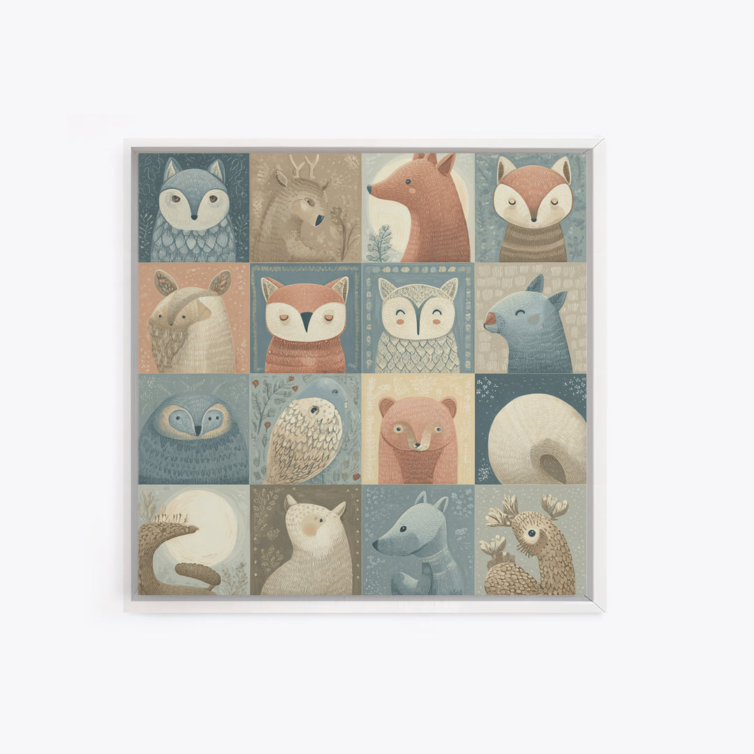 Woodland Animal Parade Framed Canvas Print, Nursery Decor, Wall Light, Fine Art, Nursery, Statement Artwork, Boho Decor, NDE-1x1-2