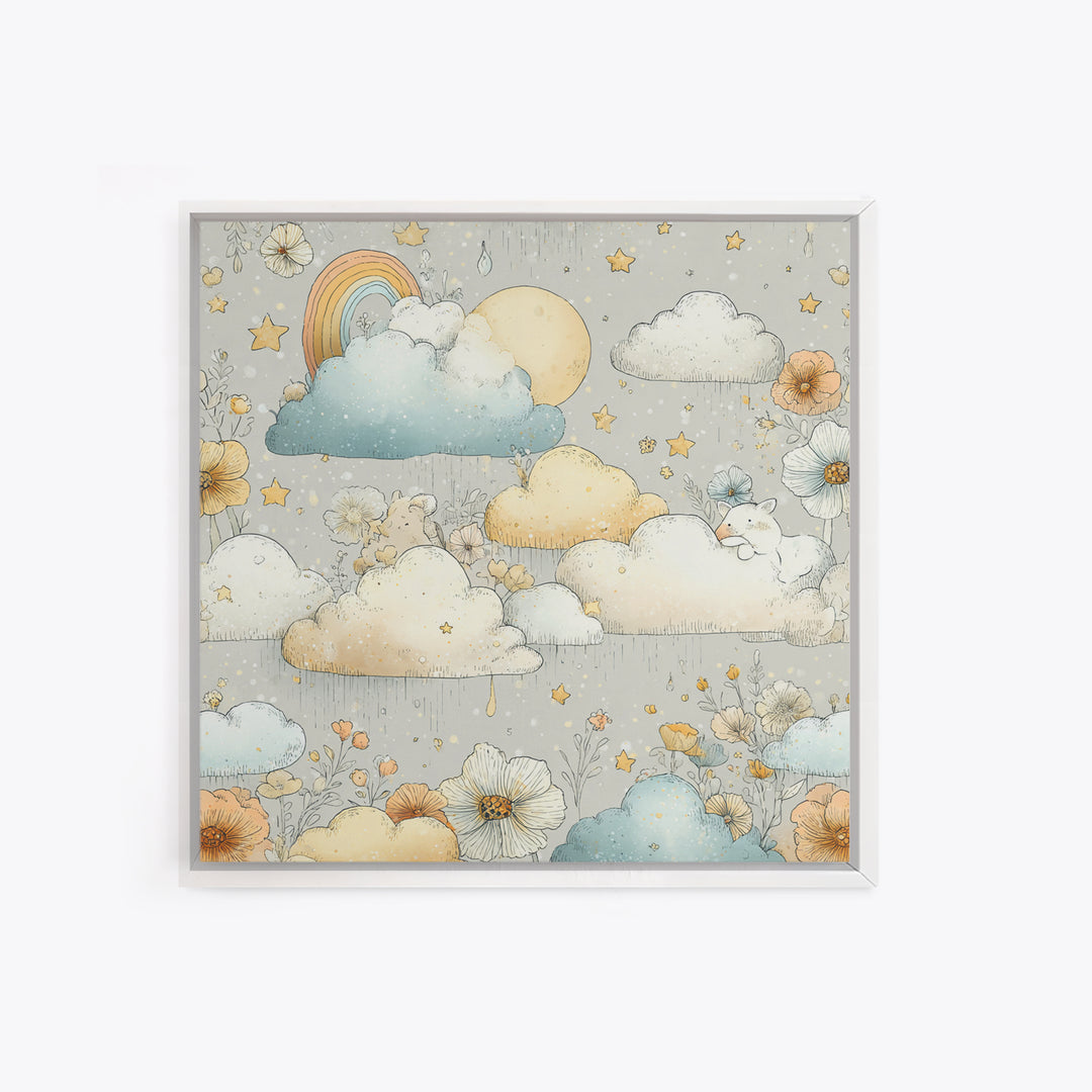 Cloud Rainbow and Raindrop Composition Canvas Print, Nursery Decor, Canvas, Fine Art, Nursery, Playroom Decor, Floral Wall Art, NDE-1x1-20