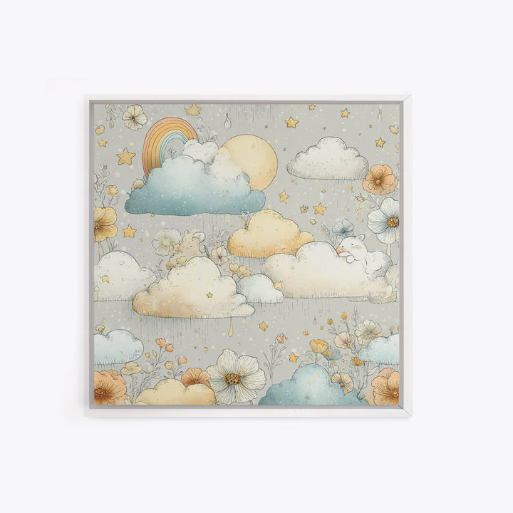 Cloud Rainbow and Raindrop Composition Canvas Print, Nursery Decor, Canvas, Fine Art, Nursery, Playroom Decor, Floral Wall Art, NDE-1x1-20