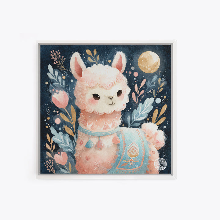 Cute Llama with Blanket Pattern Framed Canvas Print, Nursery Decor, Neutral Decor, Fine Art, Nursery, Home Decor, Wall Decor, NDE-1x1-21