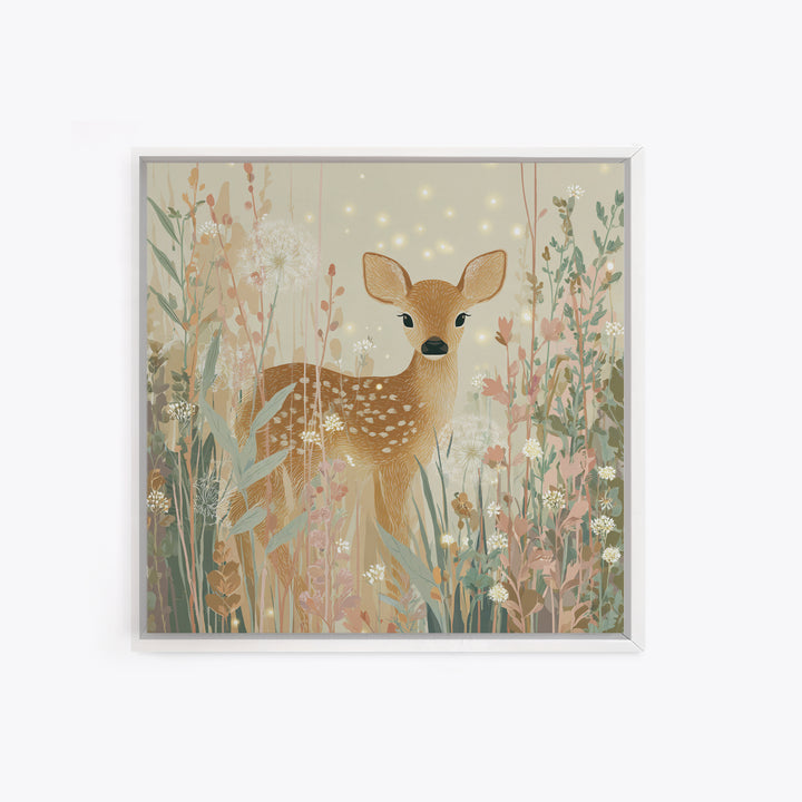 Baby Deer in Meadow with Fireflies Canvas Print, Nursery Decor, Floral Wallpaper, Nursery, Fine Art Print, Statement Artwork, NDE-1x1-22