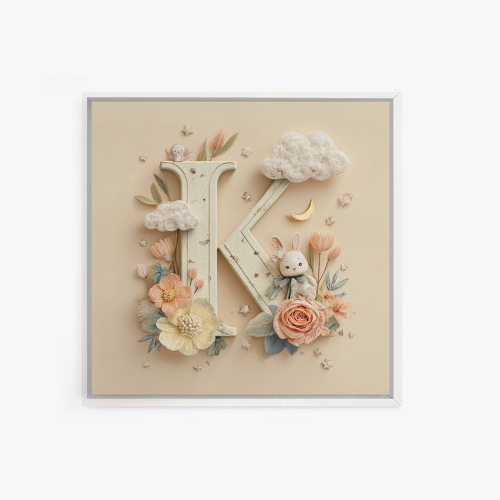 Soft Floral Initial Frame Without Letters Framed Canvas Print, Nursery Decor, Boy Nursery Decor, Fine Art, Nursery, NDE-1x1-34