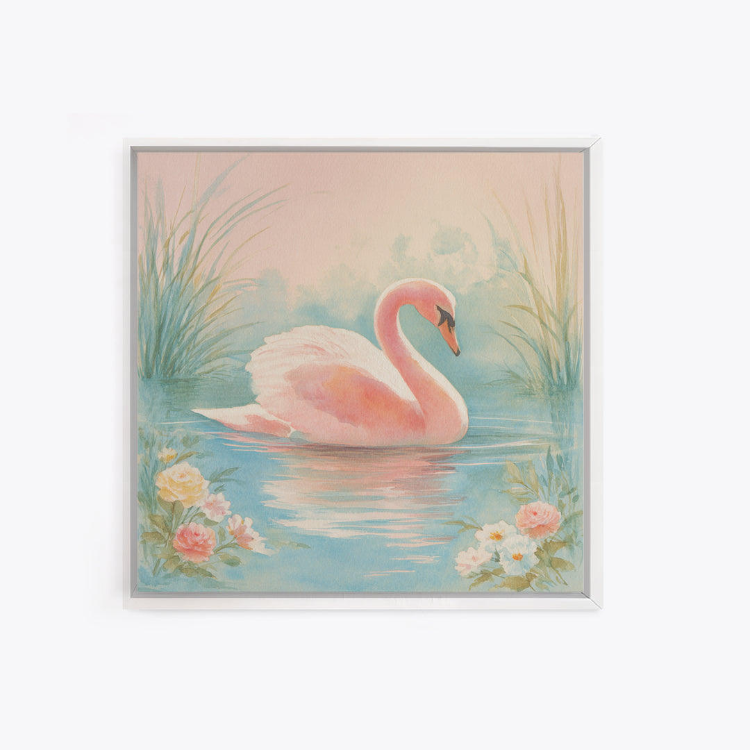 Pink Swan on Calm Pond Framed Canvas Print, Nursery Decor, Boho Decor, Oil Painting, Nursery, Nursery Wall Art, Framed Wall Art, NDE-1x1-37