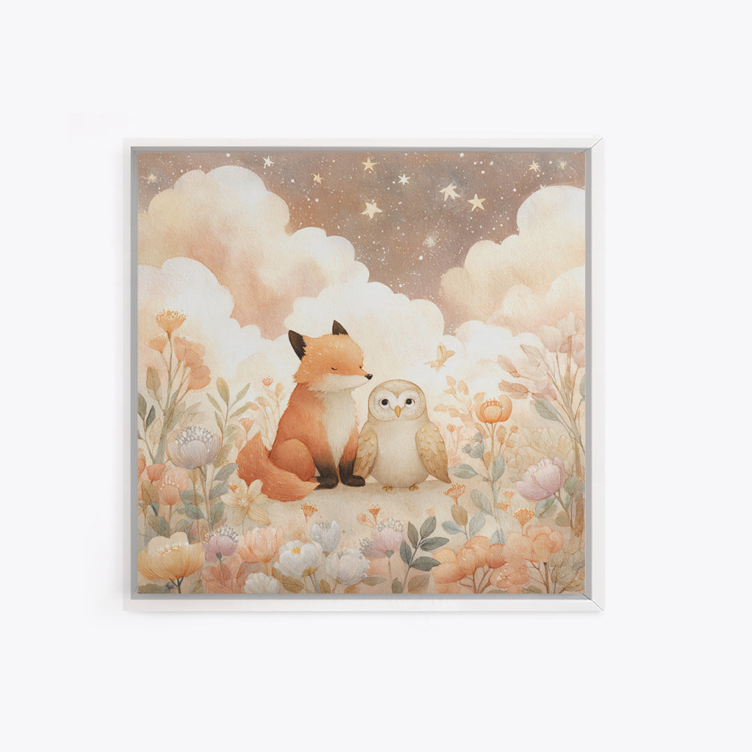 Fox and Owl Friends Framed Canvas Print, Nursery Decor, Gallery Decor, Fine Art, Nursery, Wall Art, Home Decor, Wall Decor, NDE-1x1-38