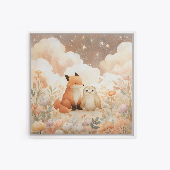Fox and Owl Friends Framed Canvas Print, Nursery Decor, Gallery Decor, Fine Art, Nursery, Wall Art, Home Decor, Wall Decor, NDE-1x1-38