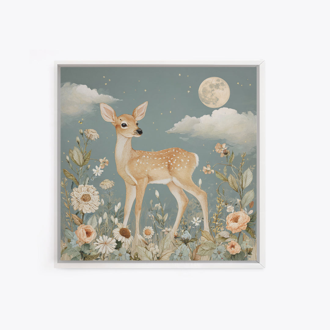 Baby Deer in Meadow with Fireflies Framed Canvas Print, Nursery Decor, Nursery Wall Decals, Oil Painting, Nursery, NDE-1x1-46