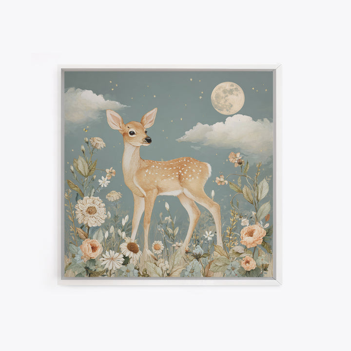 Baby Deer in Meadow with Fireflies Framed Canvas Print, Nursery Decor, Nursery Wall Decals, Oil Painting, Nursery, NDE-1x1-46