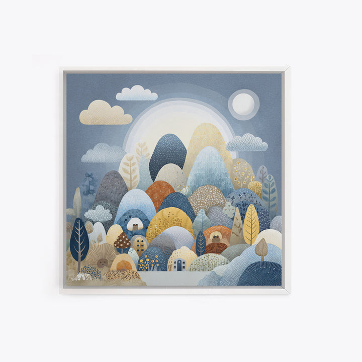 Calm Mountain Nursery Landscape Framed Canvas Print, Nursery Decor, Art Print, Oil Painting, Nursery, Woodland Nursery Decor, NDE-1x1-48