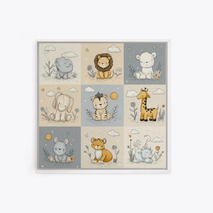 Cute Safari Animals Framed Canvas Print, Nursery Decor, Floral Wall Art, Fine Art, Nursery, Gallery Decor, Neutral Decor, NDE-1x1-52